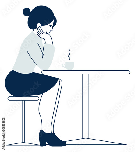 Woman sitting at table with hot cup. Coffee break. Person in cafe