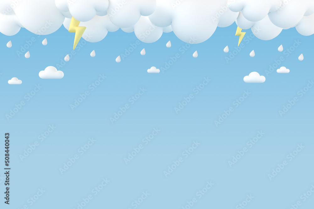 Minimal background with clouds, thunders, and raining on the sky in pastel tone color. 3D rendering.