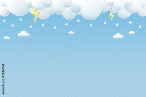 Minimal background with clouds, thunders, and raining on the sky in pastel tone color. 3D rendering.
