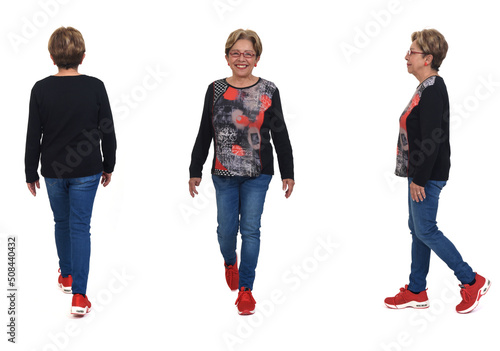 side,front and back of same woman on white background photo