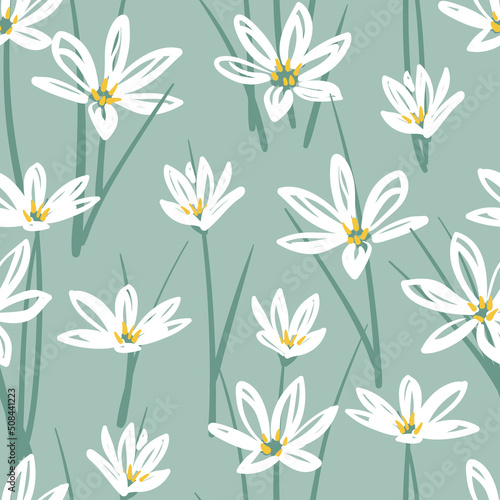 Seamless floral pattern with hand drawn white flowers. Vector background