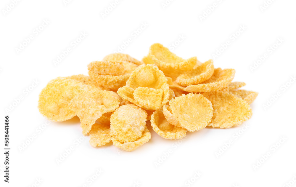 Pile of tasty cornflakes on white background, closeup. Healthy breakfast cereal Pile of tasty cornflakes on white background, closeup. Healthy breakfast cereal