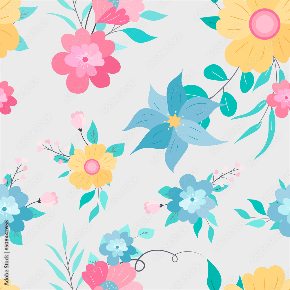 beautiful colorful hand drawing flat floral seamless pattern