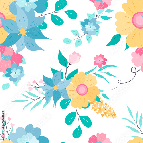 Fototapeta Naklejka Na Ścianę i Meble -  beautiful colorful hand drawing flat floral seamless pattern