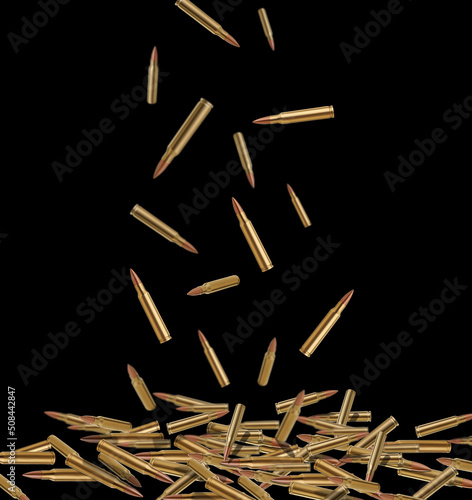 Many bullets falling on black background. Firearm ammunition