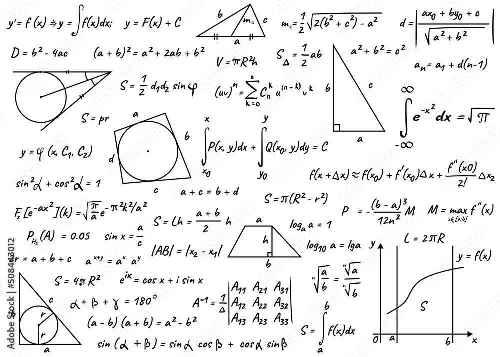 Many different math formulas on white background, illustration. Algebra and Geometry - obrazy, fototapety, plakaty 
