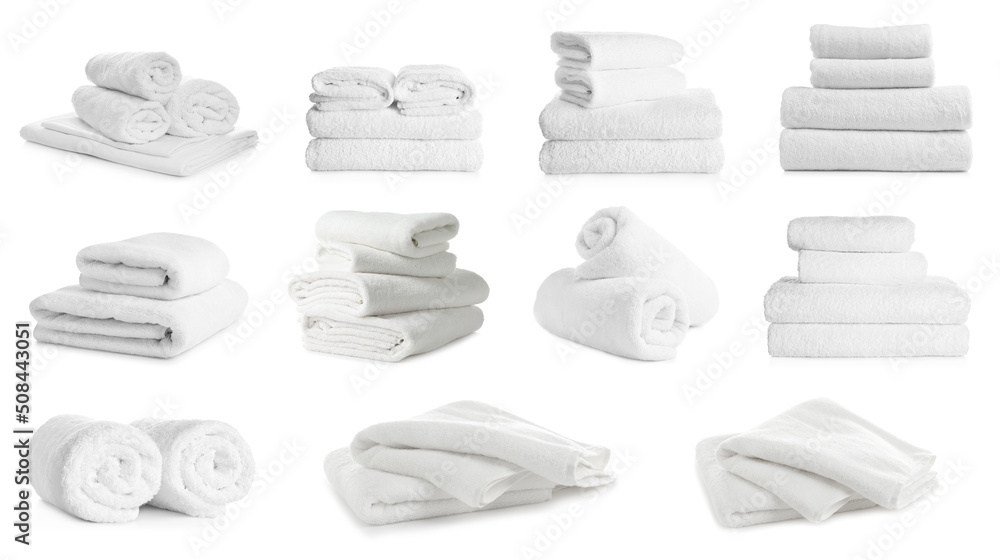 Set of folded and rolled towels on white background - obrazy, fototapety, plakaty 
