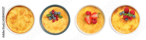 Photographie Set with delicious creme brulee on white background, top view