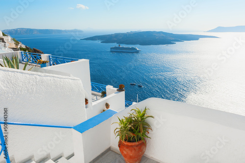 White architecture on Santorini island, Greece. Summer landscape, sea view. Travel destination concept