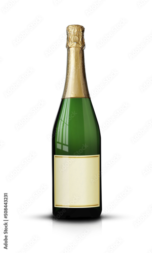 Bottle of sparkling wine with blank label on white background. Mockup for design Bottle of sparkling wine with blank label on white background. Mockup for design