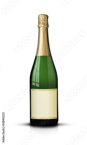 Bottle of sparkling wine with blank label on white background. Mockup for design