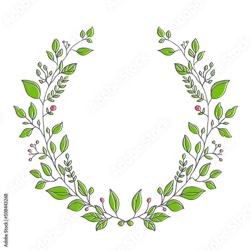 Hand drawn wreath with green leaves on white background. Cute design element for greeting card  wedding invitation. 