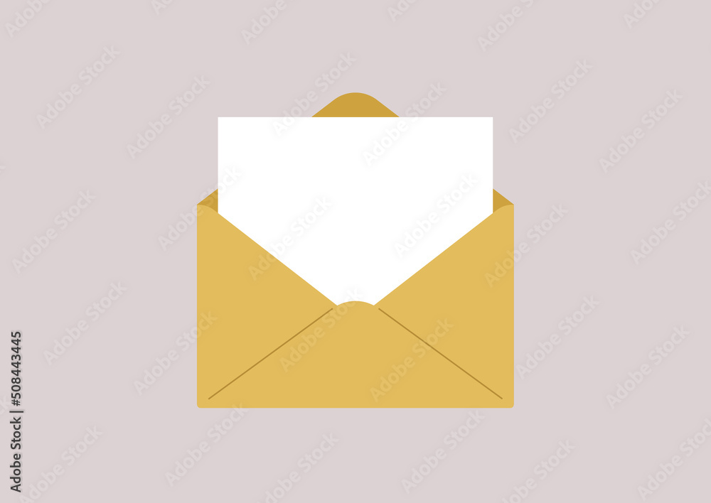 A blank sheet of white paper in a yellow envelope, a copy space template A blank sheet of white paper in a yellow envelope, a copy space template
