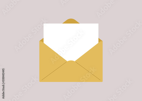 A blank sheet of white paper in a yellow envelope, a copy space template