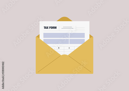 A tax return form in a yellow envelope, bookkeeping and accounting, financial report