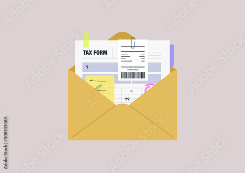 A tax return form in a yellow envelope, bookkeeping and accounting, financial report