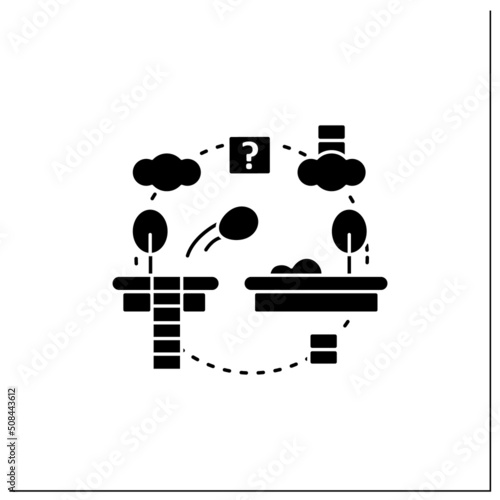 Platformer glyph icon. Jumping ball across variety platforms.Collection items, awards.Online game concept. Filled flat sign. Isolated silhouette vector illustration