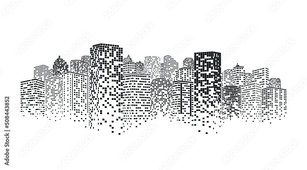 Concept of smart city. Digital building at night. Illustration on white background.