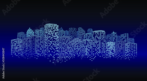 Concept of smart city. Digital building at night. Vector Illustration background.