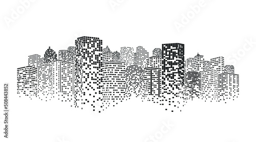 Concept of smart city. Digital building at night. Illustration on white background.