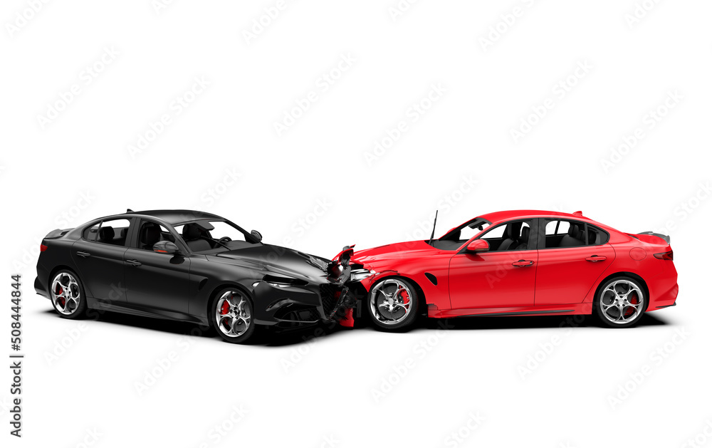 Accident between two cars, one red and one black, isolated on white, front view