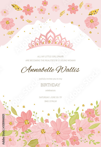 Invitation to the princess's birthday party. Template for baby shower invitation. It is a girl