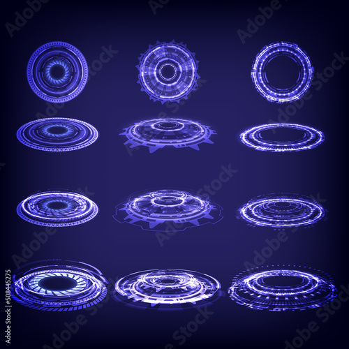Sci-fi high-technology stage collection in glowing HUD. Magic warp gate in game fantasy. Circle teleport podium. Rays, GUI, UI virtual reality users. Hologram portal lighting set of user interface