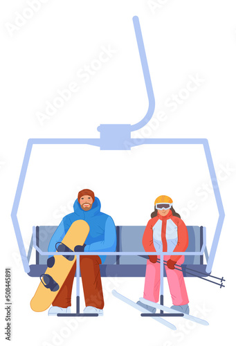 People seating in funicular with winter sport equipment
