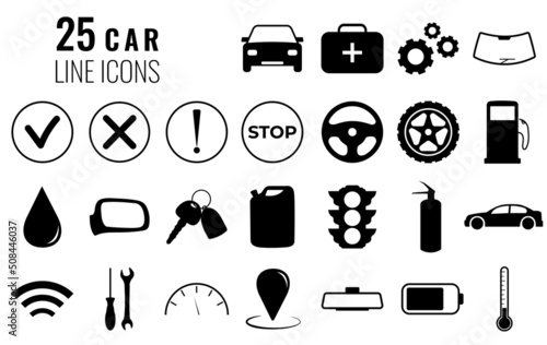 25 car line icons: petrol, car, keys, settings, traffic light, fire extinguisher, first and kit, geolocation, mirrow, windscreen, wheel, steering wheel, tools, WIFI, battery, temperature, speed.