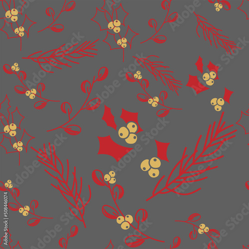 Vector. Merry Christmas, Happy New Year seamless pattern with leaves, berries, holly and spruce branches. Seamless winter background. Design for wrapping paper, greeting cards, textiles, branding.