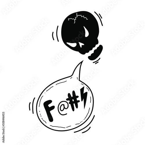 Speech bubble with swear words symbols. Comic speech bubble with curses, skull, lightning. Doodle hand drawn angry screaming face emoji. Vector illustration isolated on white.