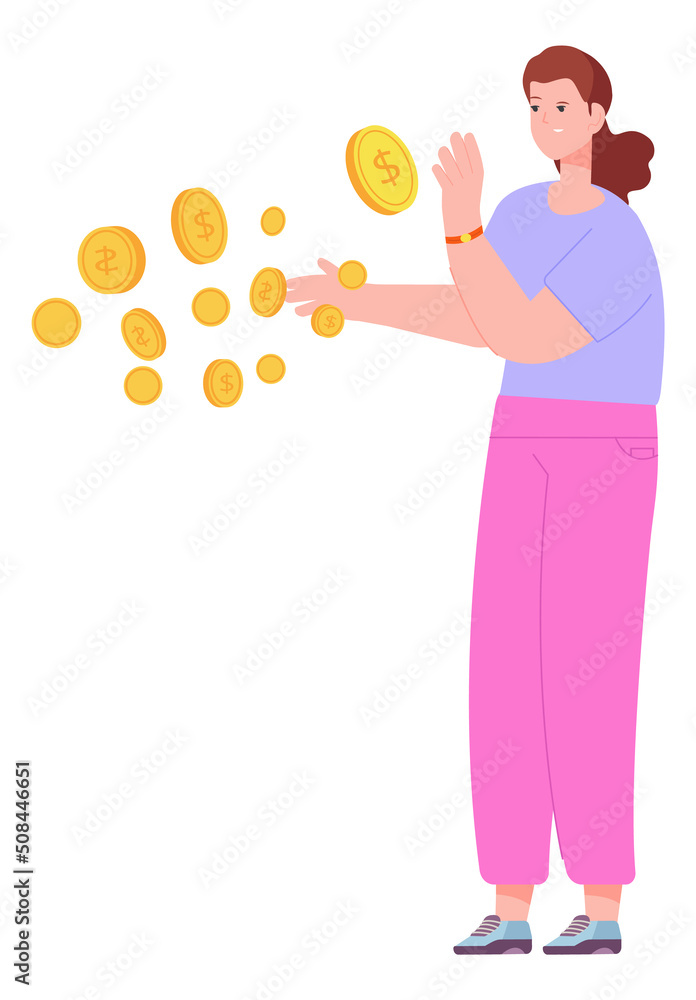 Woman catching golden coins. Money flowing in air Woman catching golden coins. Money flowing in air