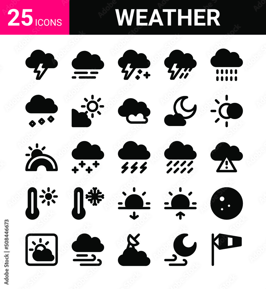 weather icons set in mixed glyph and outline style. Clouds, Storm, Rain, Sunny, Climate, Forecast and more weather icons set in mixed glyph and outline style. Clouds, Storm, Rain, Sunny, Climate, Forecast and more