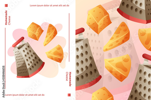 A grater with fresh cheese poster template. Kitchen utensil, home made dish, cheese time concept.