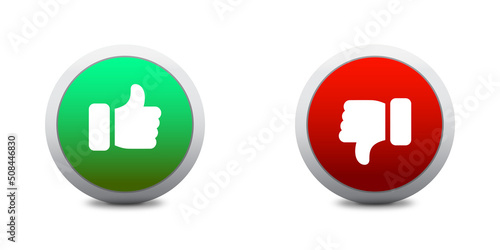 Thumb up and down red and green icons. Like amd dislike round buttons with shadows under it. Flat vector illustration.