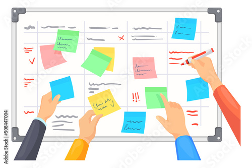 Kanban board with color stickers and writing hands. Cartoon team planning