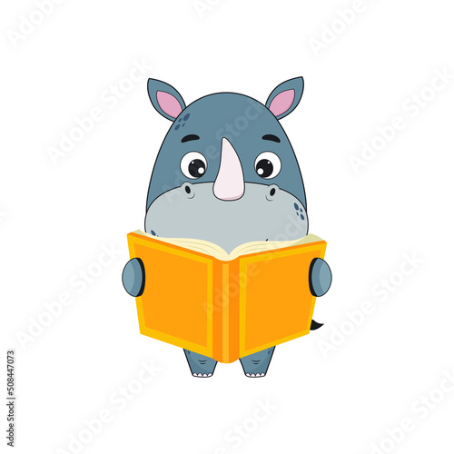 Cartoon character rhinoceros holding a book. Rhinoceros icon. Illustration for design and print