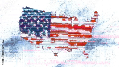 Fototapeta Naklejka Na Ścianę i Meble -  Glitched United States of America flag in silhouette of USA map on abstract digital code background. 3D illustration concept for national cyber security awareness, safe internet and fraud attacks.