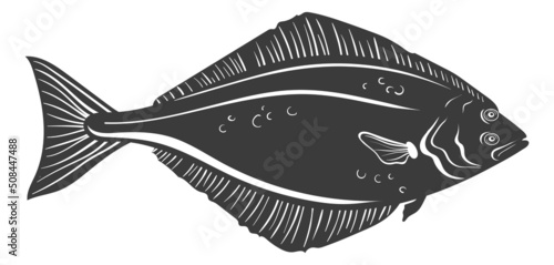 Halibut icon. Black fish silhouette. Fisher club logo