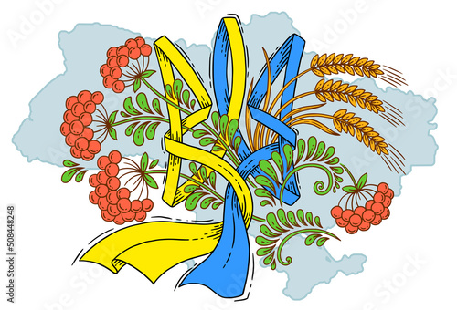 Vector illustration design, decorative version of the state symbol of Ukraine trident. Ribbon in the colors of the blue and yellow flag on the background of the silhouette of the map