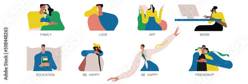 Basic human needs and essentials. Psychology concept of life areas development. Happy people, their pleasures and self-realization. Flat vector illustration isolated on white background