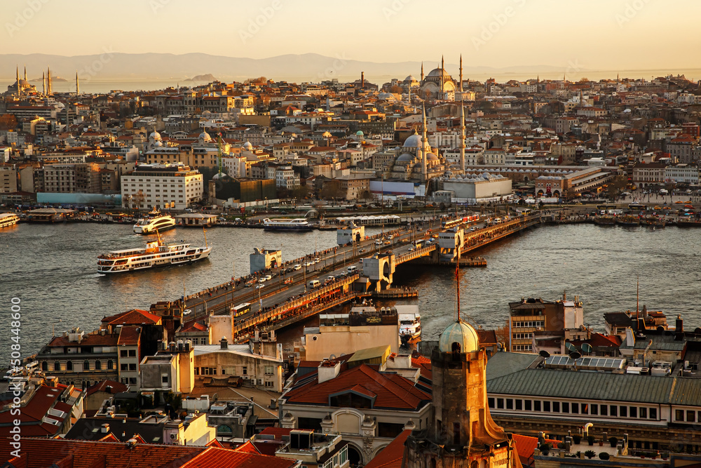 Istanbul skyline at sunset, Turkey. Panoramic view of Golden Horn and old districts of Istanbul from Galata tower.