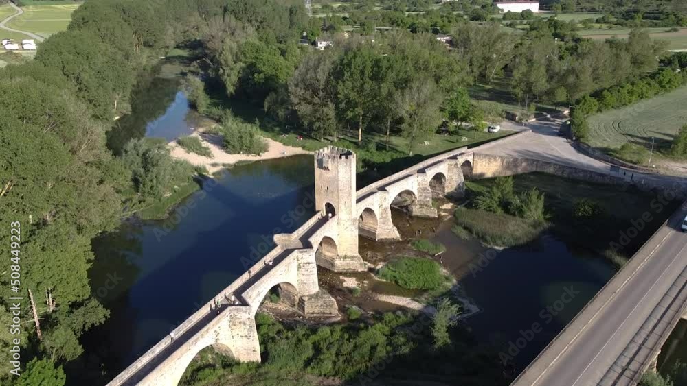 aerial view of the medieval bridge of Frias in Castilla, Spain aerial view of the medieval bridge of Frias in Castilla, Spain