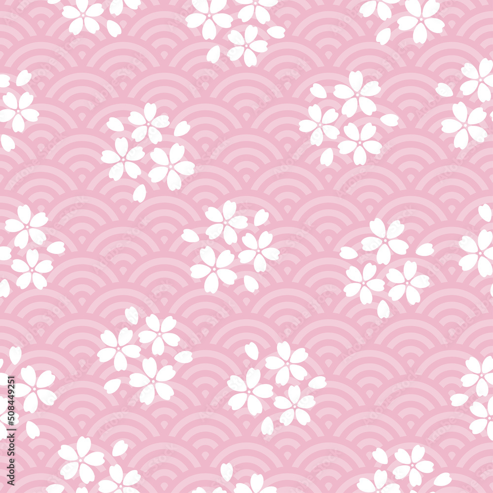 Seamless pattern with Japanese waves and sakura flowers. Traditional print with cherry blossoms. 