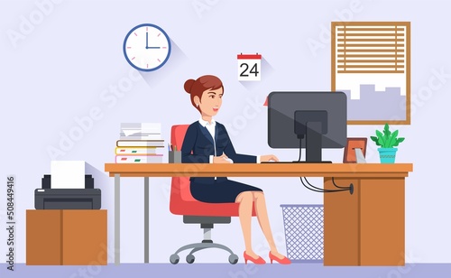 Business woman or a clerk, with computer. Working on her office desk. Flat style vector illustration.