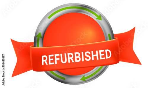 Eine oranges Abzeichen mit Text REFURBISHED auf einem Band und grünen Pfeilen im Kreis.