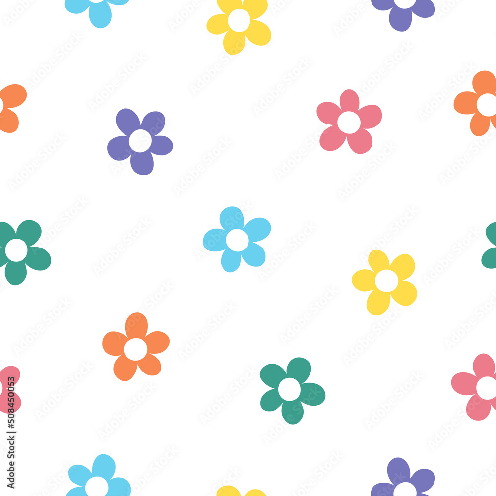Retro seamless pattern with colorful flowers and white background