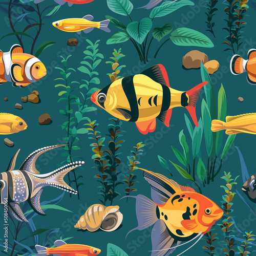 Seamless pattern with fish and seascape isolated on a blue background. Illustration of underwater life. 