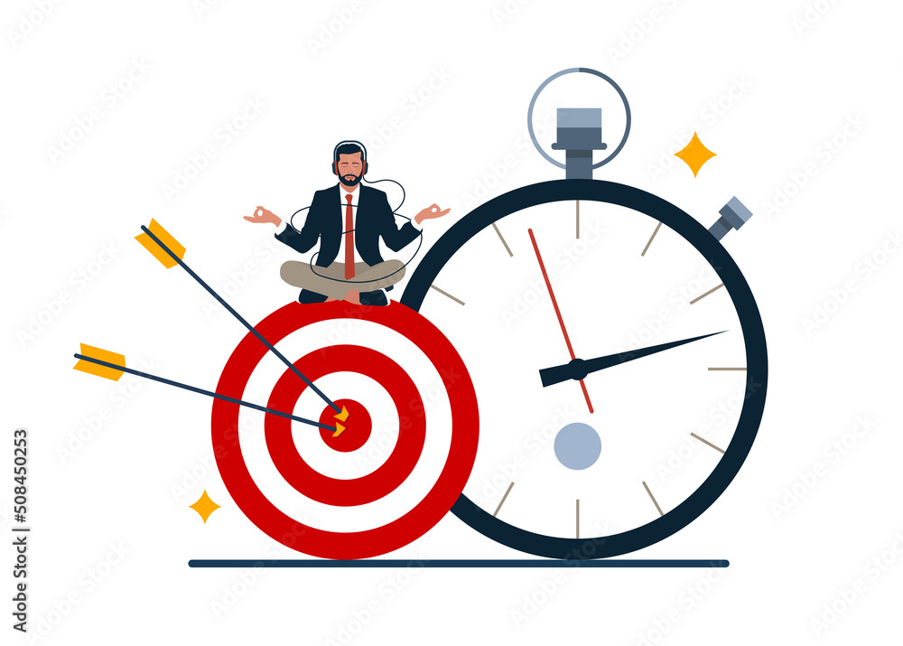 Calm businessman meditate on target and stopwatch. Self discipline, professional to finish work or achieve goal before deadline, time management, productivity