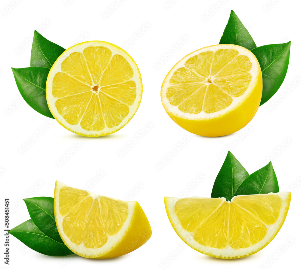 Fototapeta premium Collection lemon isolated on white background. Taste lemon with leaf. Full depth of field with clipping path